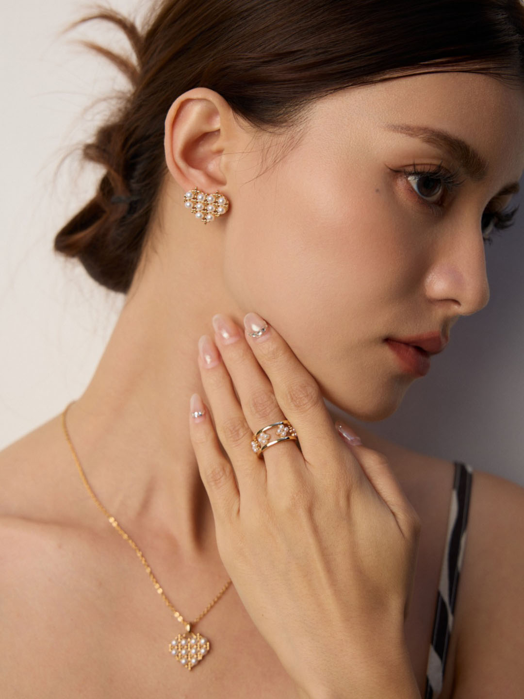 Golden Starlit Love Studs Sterling Silver Pearl Earrings - Image 3