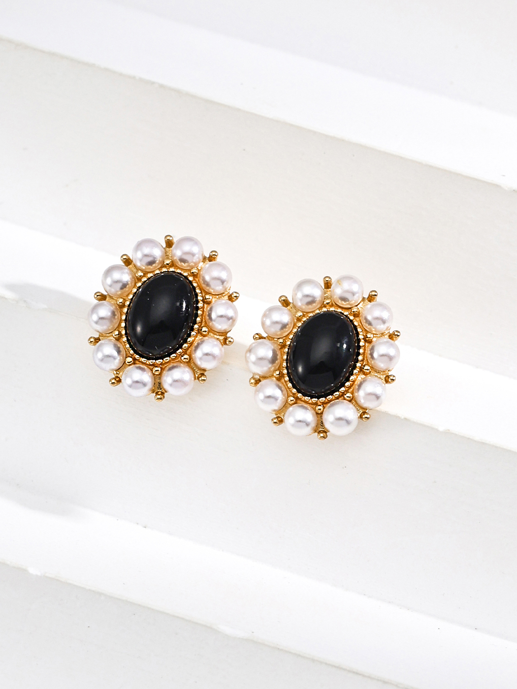 Onyx Pearl Earrings – S925 Sterling Silver Vintage Gold