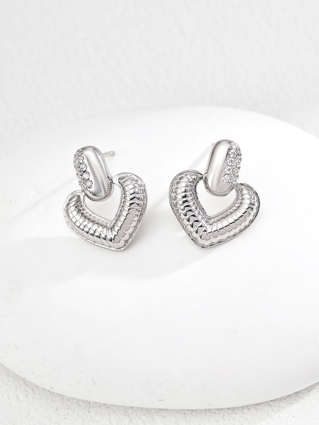 CZ Puffed Heart Drop Earrings in Sterling Silver - Image 2
