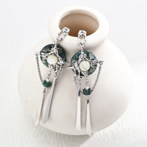 Oriental Moss Agate Dangles with Natural Pearl in Sterling Silver