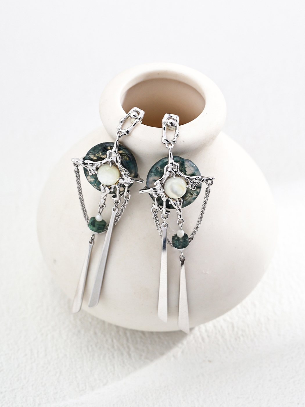Oriental Moss Agate Dangles with Natural Pearl in Sterling Silver