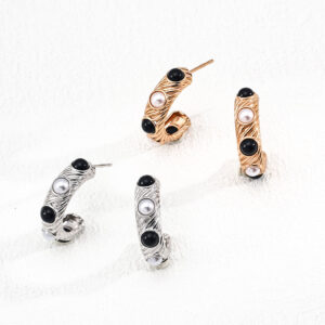 Twilight Harmony Onyx Hoops with Natural Pearl in Sterling Silver