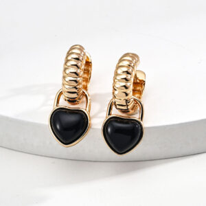 Lock Heart Onyx Hoops Detachable in Sterling Silver
