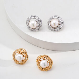 Handcarved Ornate Ripple Pearl Studs Sterling Silver Earrings