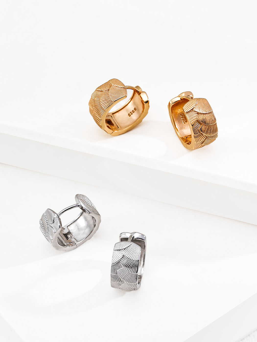 Fan Shell Sterling Silver Hoops with Gold and Silver Finish