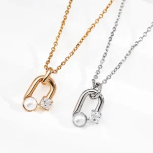 U Lock Pearl Pendant Sterling Silver Necklace with CZ