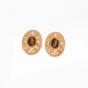 Dynasty Tiger Eye Studs S925 Pearl Oval Earrings