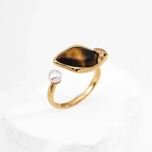 Dawn Dew Tiger Eye Ring with Natural Pearl