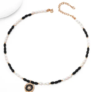 Pearl Onyx Pendant Necklace – S925 Vintage‑Gold Sun Motif