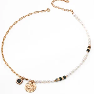 Capricorn Medallion Pearl Necklace with Grass Agate in Sterling Silver