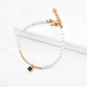 Emerald Pearl Bracelet – S925 Sterling Silver Vintage Gold Charm