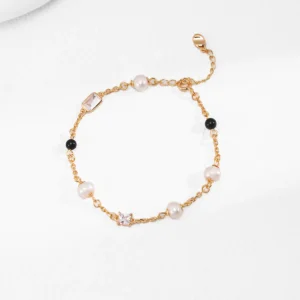 S925 Silver Pearl Onyx Gold Bracelet Vintage Gold Elegance