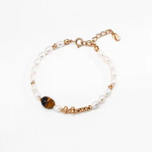 Tiger Eye Pearl Bracelet – S925 Sterling Silver Vintage Gold