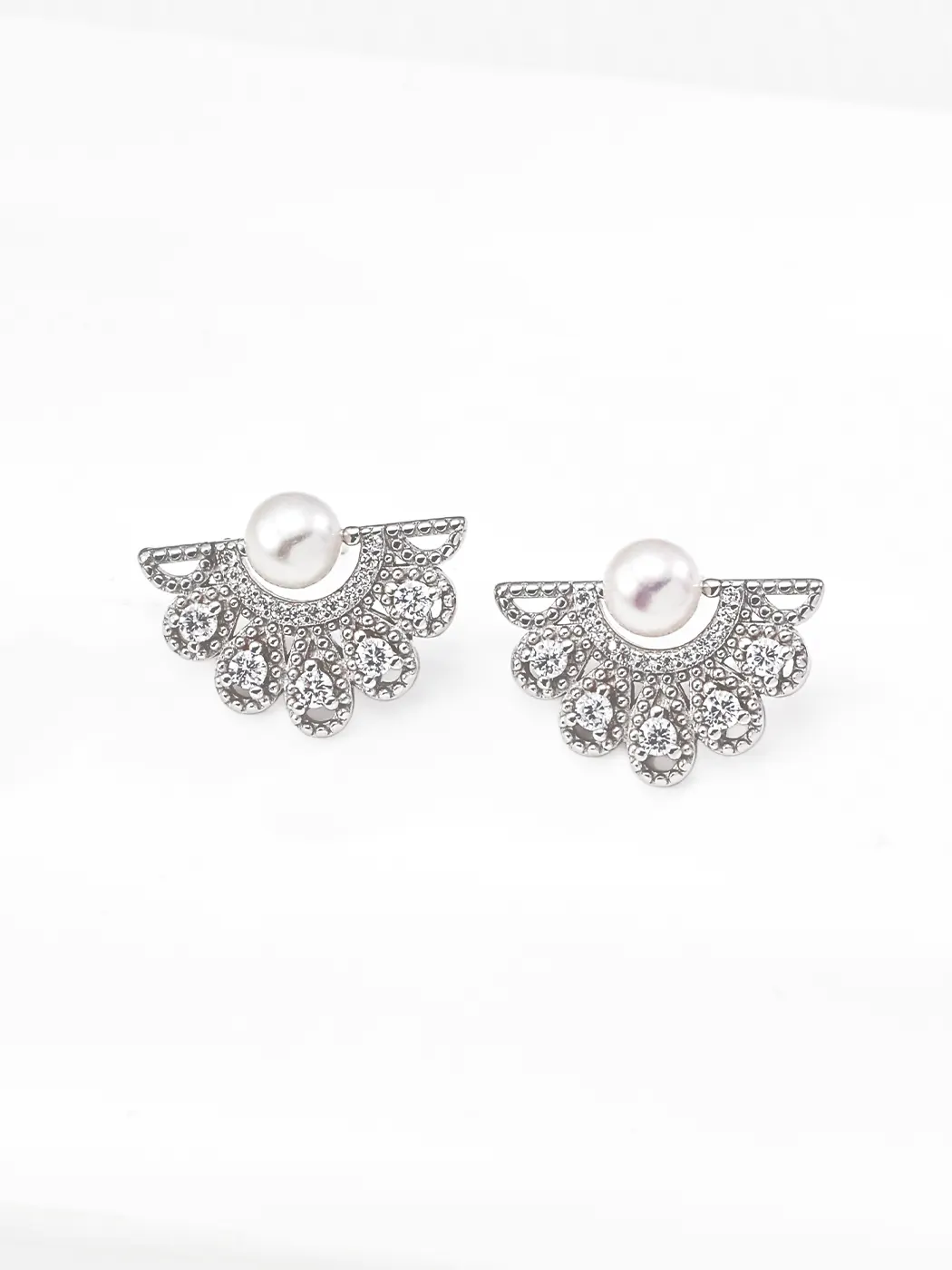 Moonlit Fan Pearl Earrings with CZ in S925 - Image 4