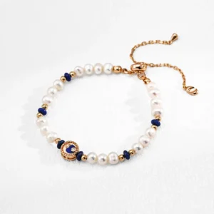 Pearl Lapis Lazuli Bracelet in Vintage Gold Sterling Silver