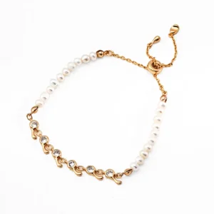 Pearl Zircon Bracelet – S925 Sterling Silver with Vintage-Gold Bloom