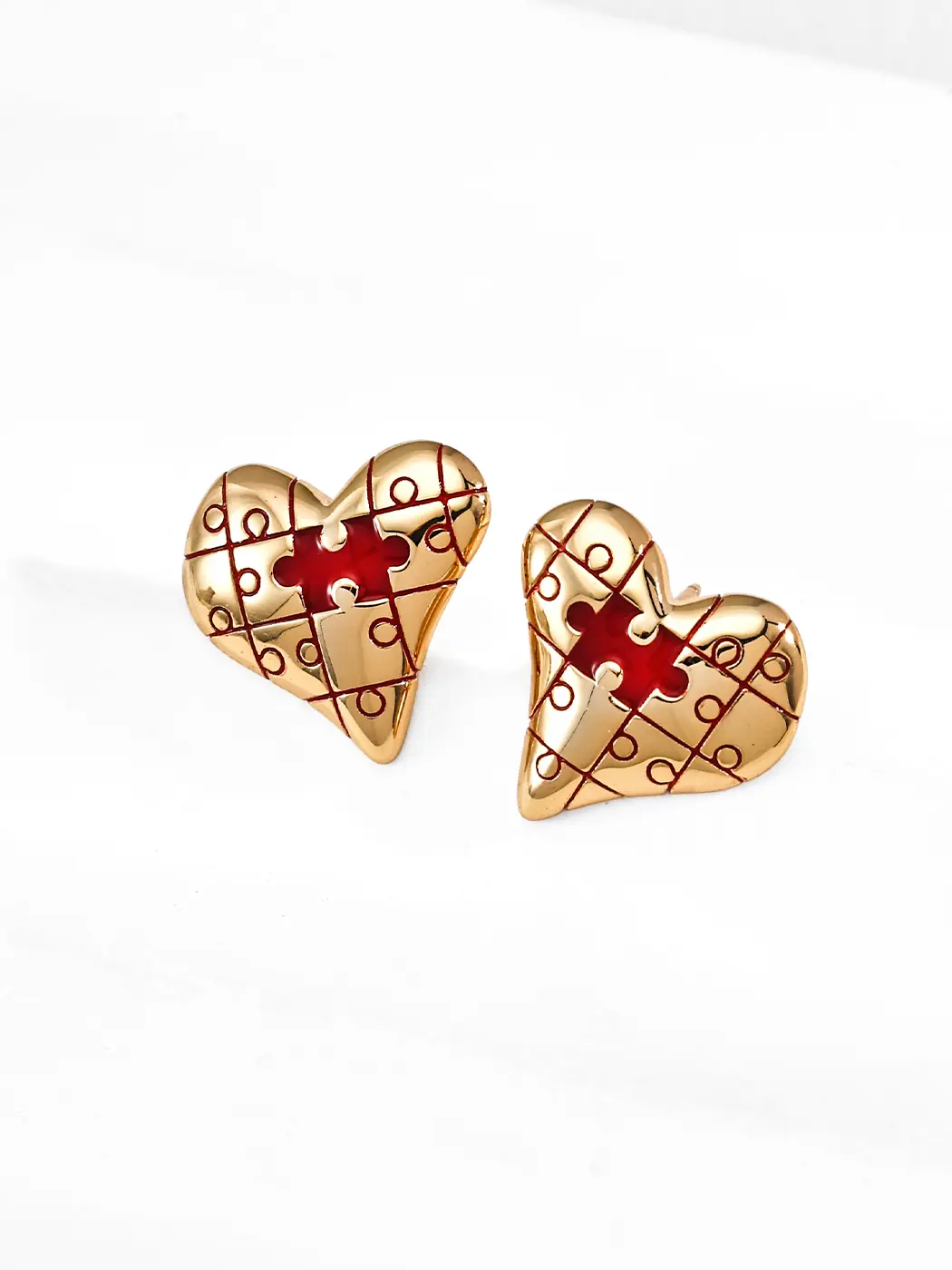 Puzzle Heart Studs Gold Enamel S925 Earrings