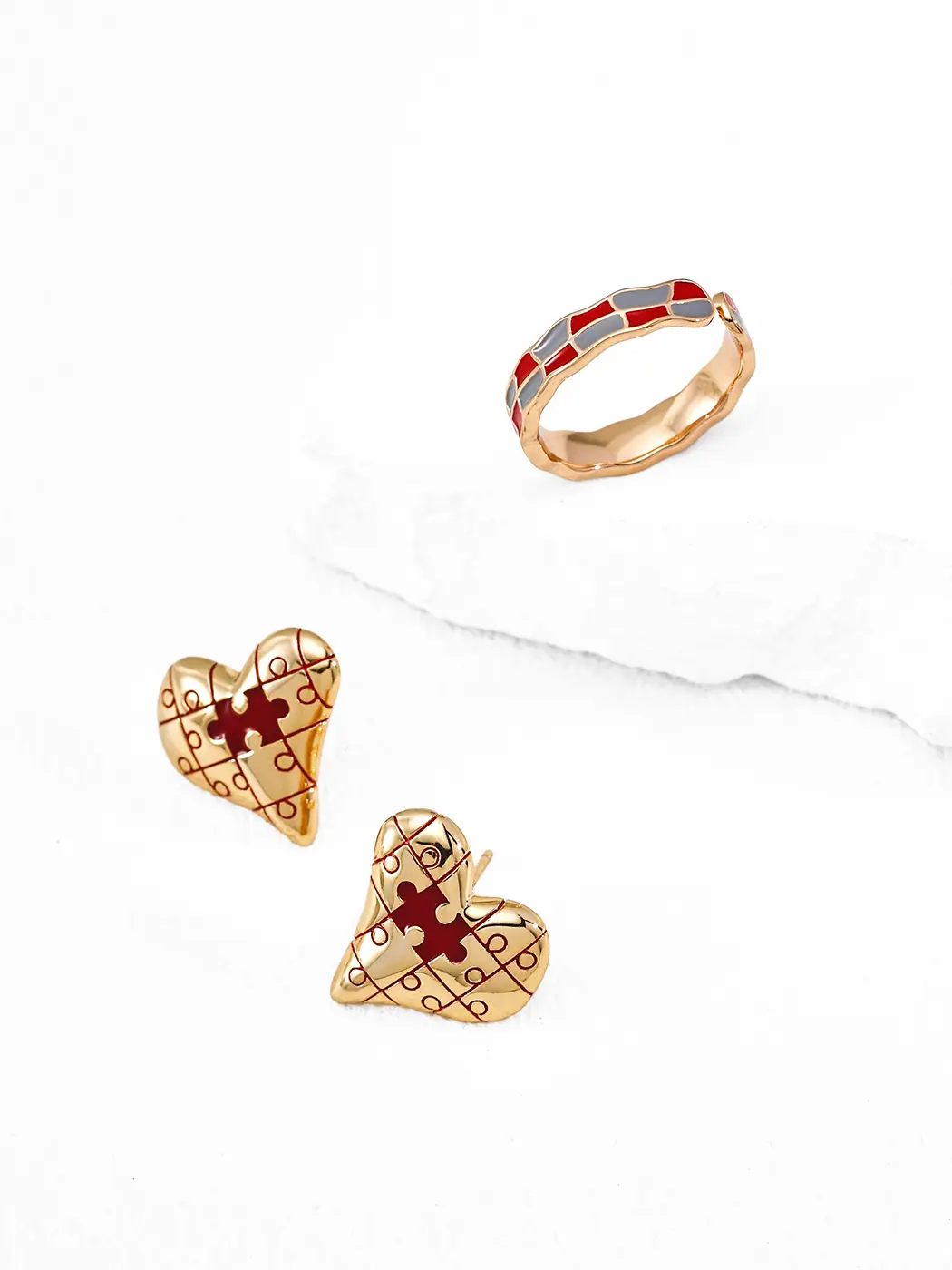 Puzzle Heart Studs Gold Enamel S925 Earrings - Image 3