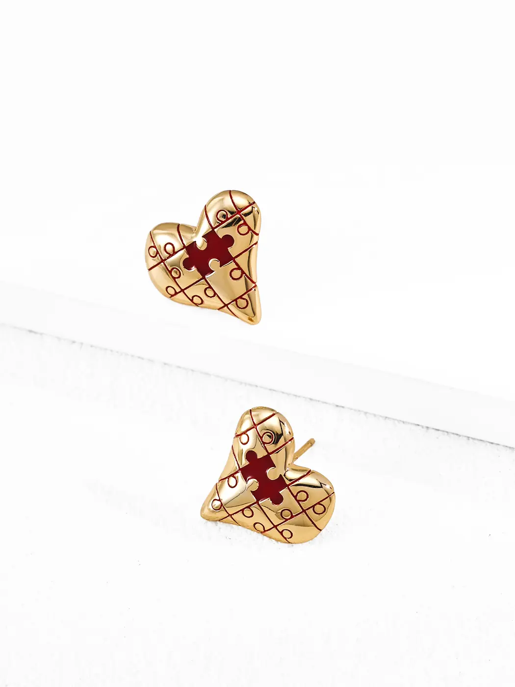 Puzzle Heart Studs Gold Enamel S925 Earrings - Image 2
