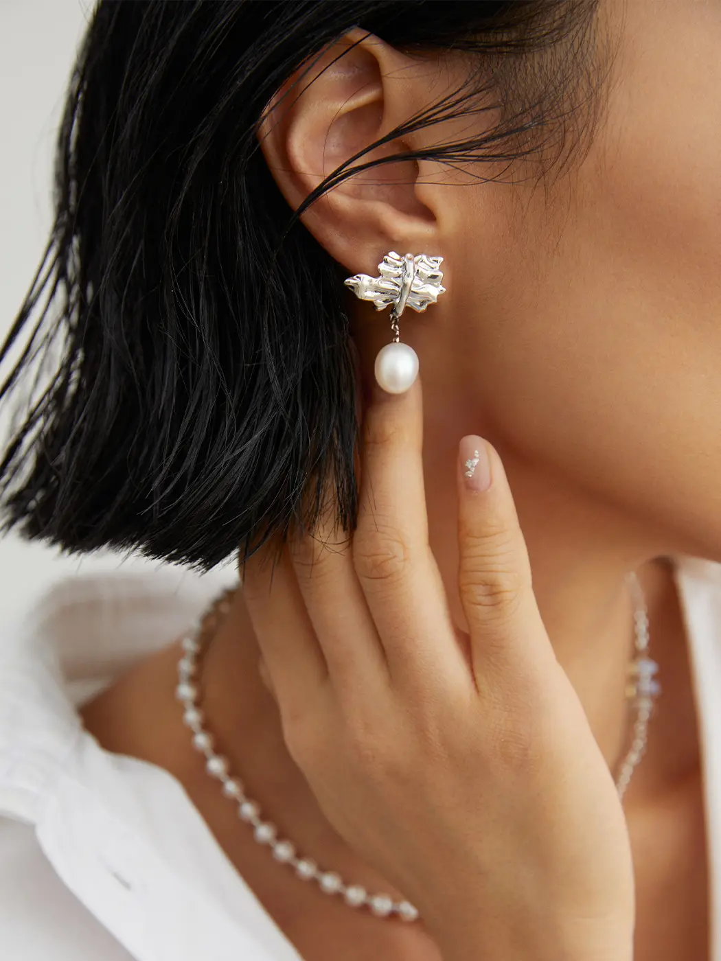 Ruffled Tear Pearl Earrings in Sterling Silver - Image 2