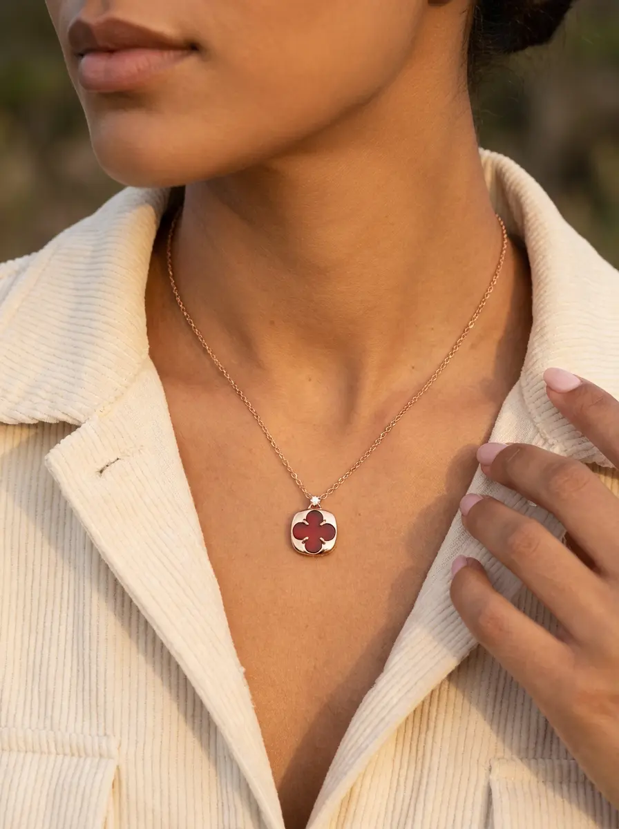 Clover Button Amulet Necklace with Red Agate in S925 - Image 2