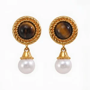Braided Circle Pearl Earrings with Tiger Eye in S925