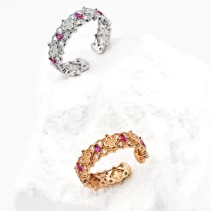 Pink Zircon Floral Ring S925 Sterling Silver Statement Band