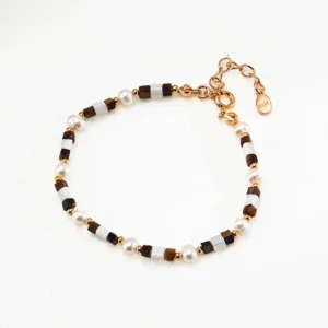 Tiger Eye Bracelet – S925 Vintage‑Gold Mother of Pearl Accent